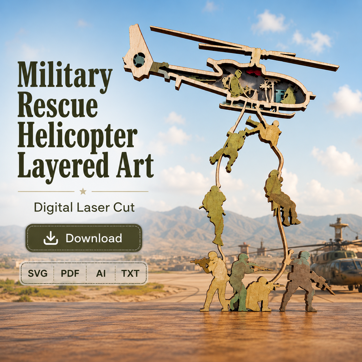 bbcbfe4e-b374-4b4f-b11d-41d3ff881ec9 Military Chopper SVG 3D Layered Silhouette, Army Helicopter Cut File, Laser Cut 6 Layer - Image 1