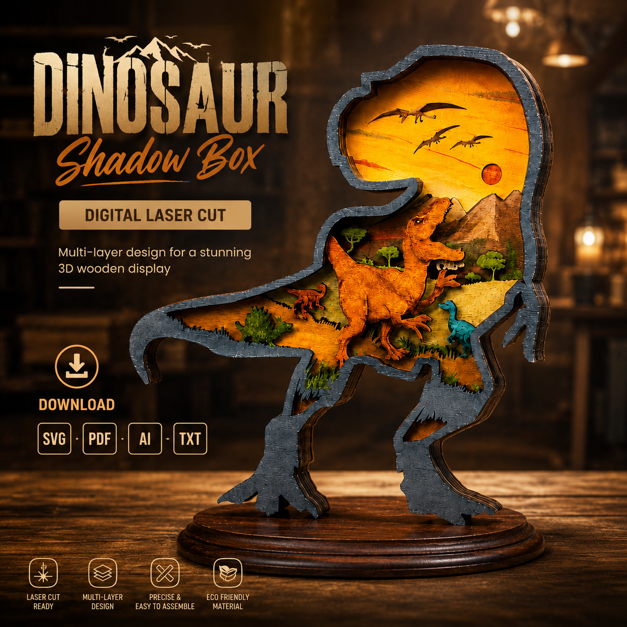 bd1d0ea6-ea83-4c0b-9801-0cd8c16a59ea T-Rex Multilayer SVG Dinosaur Art, 3D Plywood Mandala Cut File - Image 1