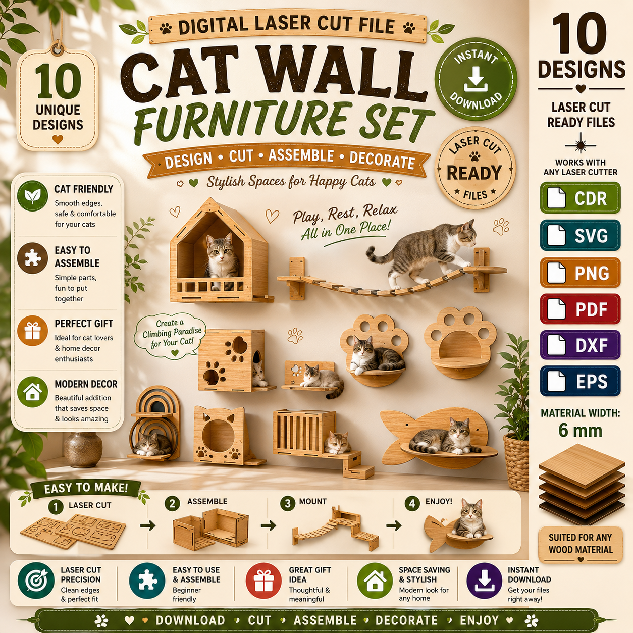bf922859-2e35-47d2-95d1-c3aa8cfb320f Cat Wall Shelves Laser Cut Bundle, Pet Climbing Shelf SVG, Cat Furniture CNC Template, DXF PDF EPS Files - Image 1