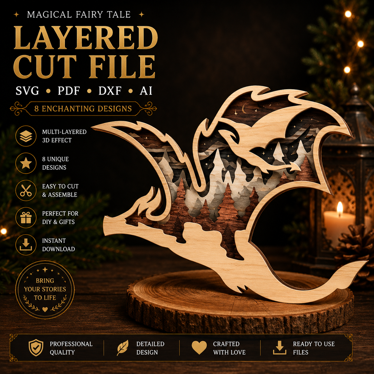 c1518fec-15a0-4598-a4ef-8a8f2d3489fd Dragon Fire Multilayer 3D Wooden Engraved Laser Cut File, Fantasy Decoration Ornament Glowforge Make, Svg Dxf Ai Pdf Instant Download File - Image 1