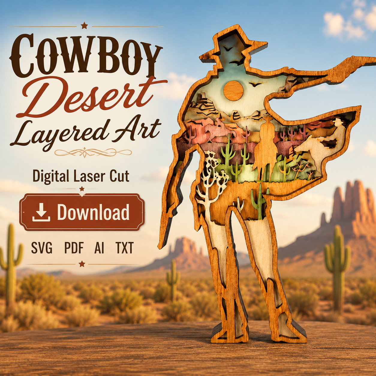 c2c60803-f758-404c-ab79-0620b2d0216e Cowboy SVG 3D Layered Silhouette, Western Rider Cut File, Laser Cut 9 Layer - Image 1