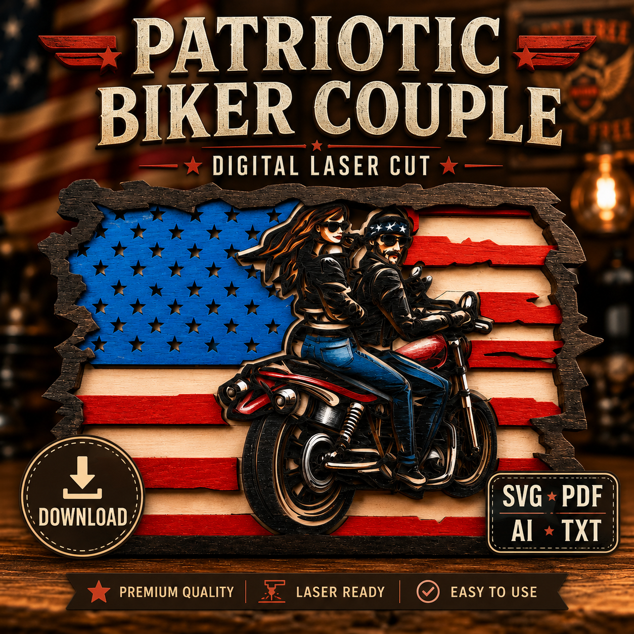 c35f0fa2-470e-4ad2-8a7f-e1f16fddaaa0 American Flag Motorcycle SVG, 3D Layered Patriotic Biker Laser File, Digital Download - Image 1