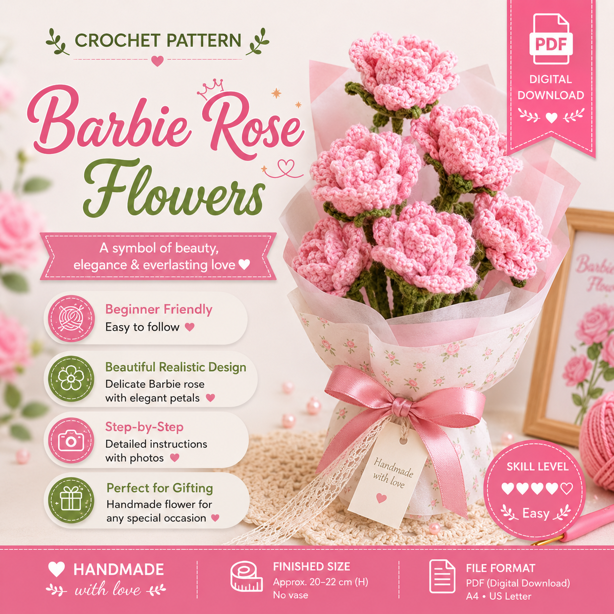 c5d517df-a137-4c0a-a8b7-7e92ddce5c2e Rose Bouquet Crochet Pattern PDF, Barbie Rose Flowers, Crochet Flower Pattern, Floral Arrangement, Digital Download - Image 1