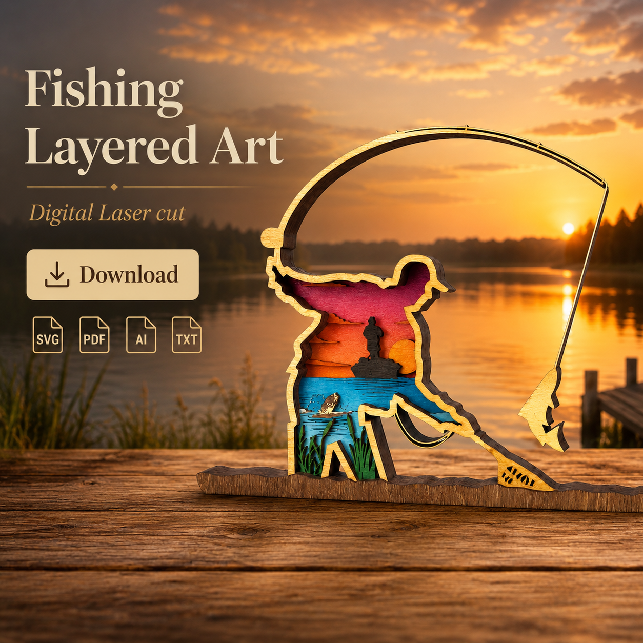 c5e39fe6-9aac-470d-bc4b-c4bcf951ba1e Fisherman SVG, 3D Layered Fish, Fishing Scene File, 6 Layered Design - Image 1