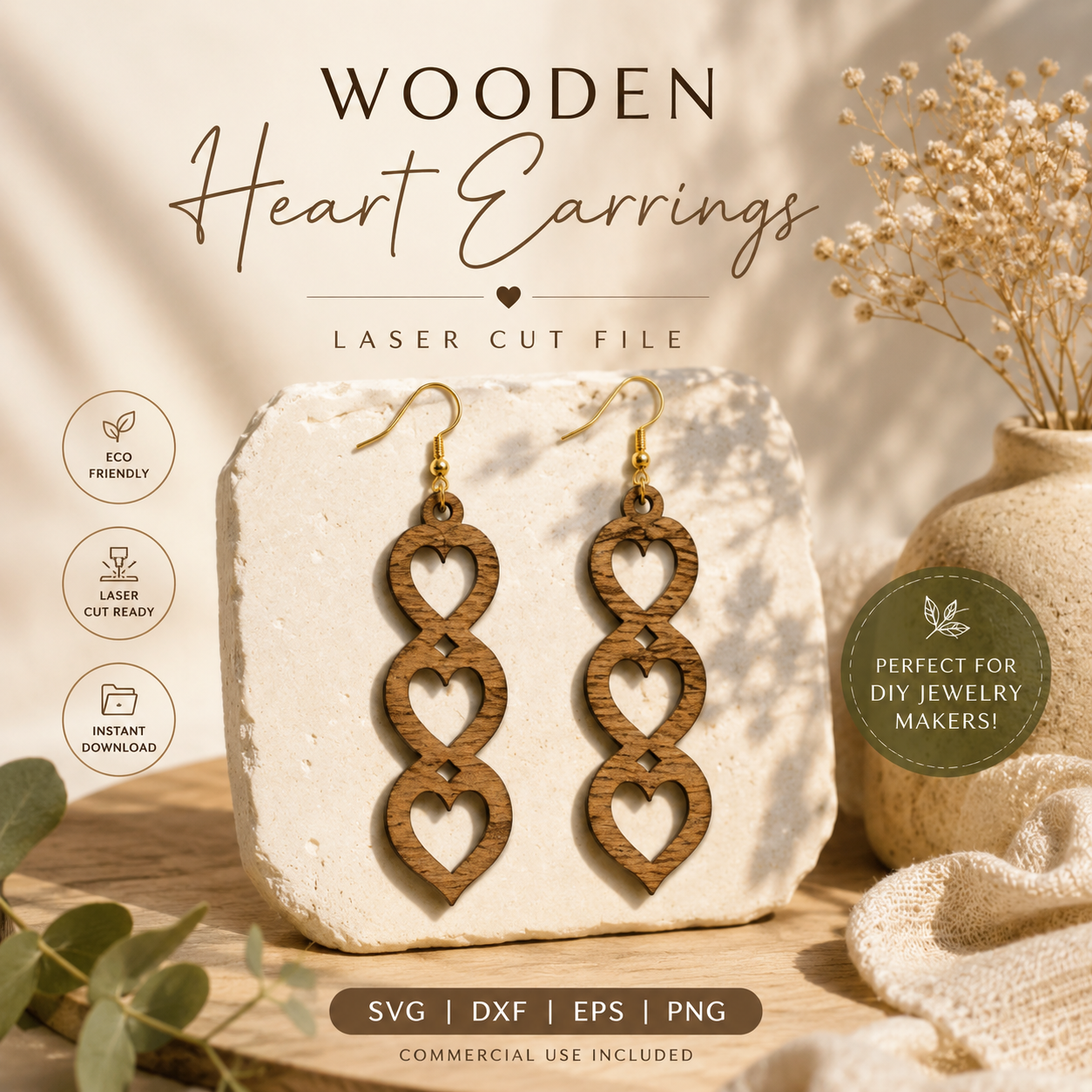 ca17cbad-03f2-4a5a-b2df-aa7d07001b99 Triple Heart Wooden Earrings SVG Bundle | Laser Cut Jewelry File | Glowforge Earrings Template | DXF EPS PNG Digital Download - Image 1