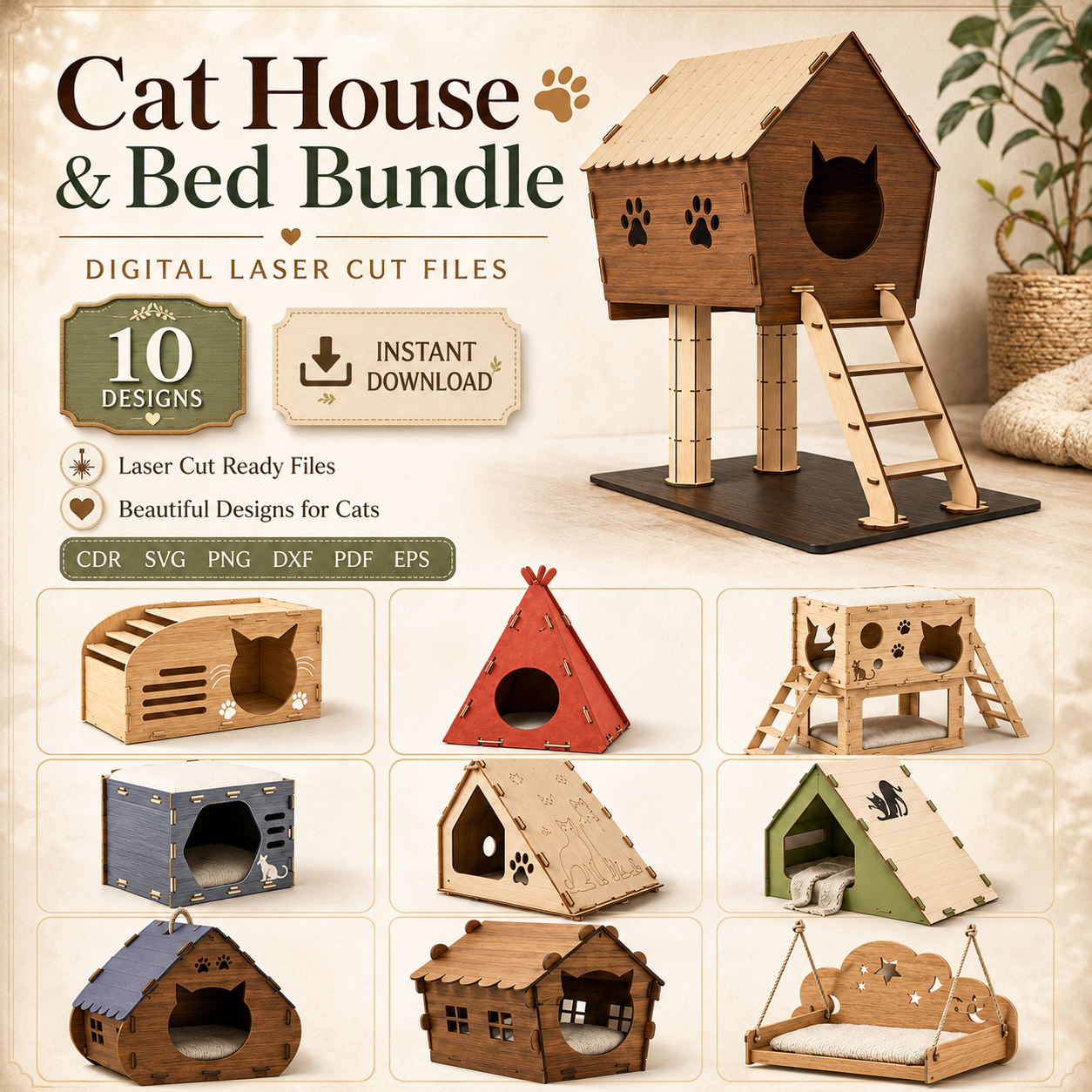 ca932f9d-4e2c-426b-b3f1-3bb53a9ff4bb Cat House Laser Cut Bundle, 16 Wooden Cat Bed SVG DXF Files, 3mm Pet House CNC Template, Digital Download - Image 1