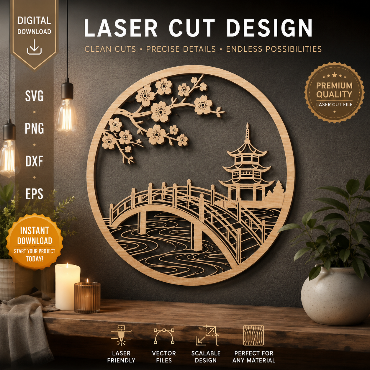 cdf361ad-a20d-46fe-8da5-679d2e4a07fc Japanese Garden Scene Laser Cut File | Layered Wood Wall Art SVG | Cherry Blossom Bridge Glowforge CNC - Image 1