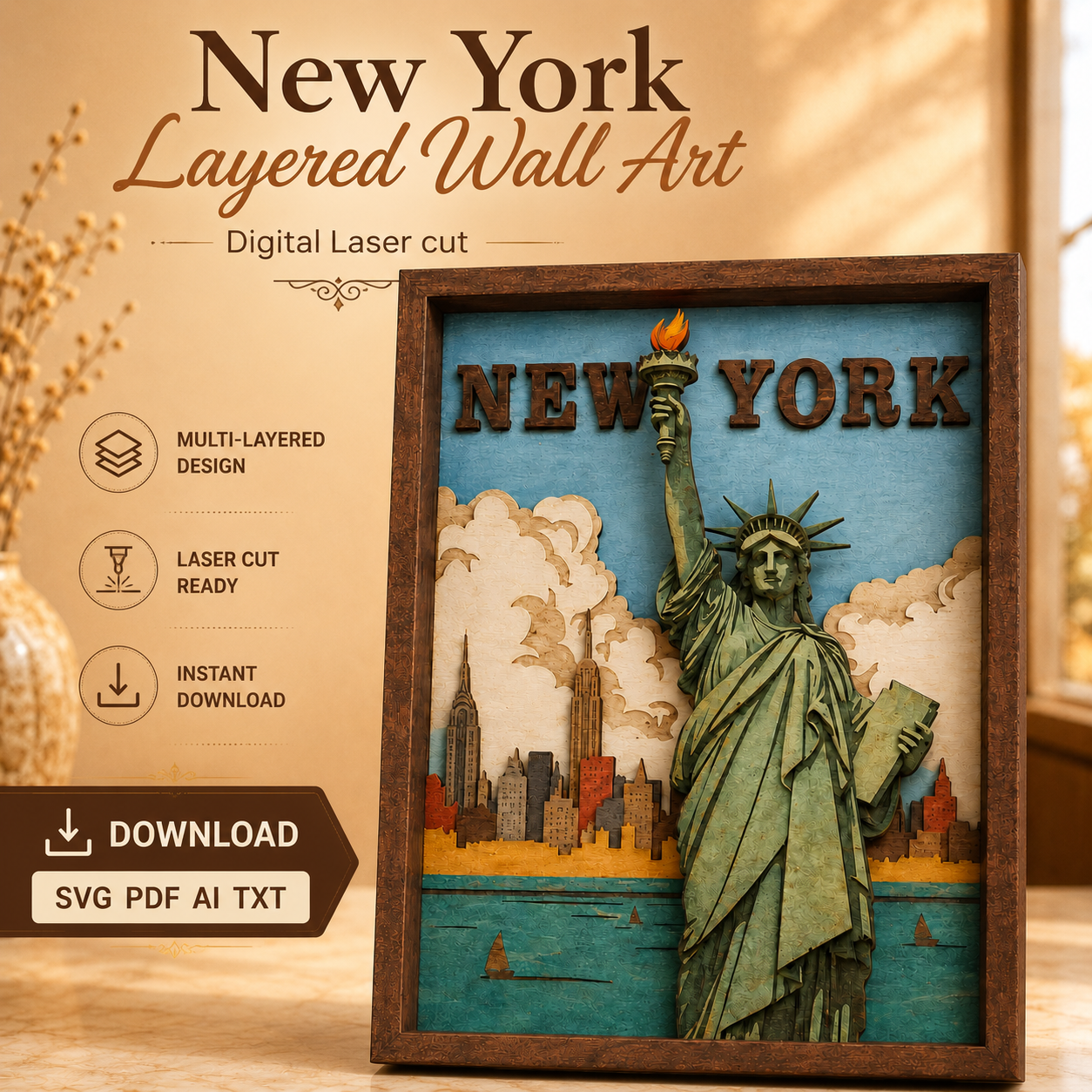ce037ffa-c437-4b70-a3a0-9cfc770b7d09 New York SVG 3D, 8 Layers, Plywood Cut File - Image 1