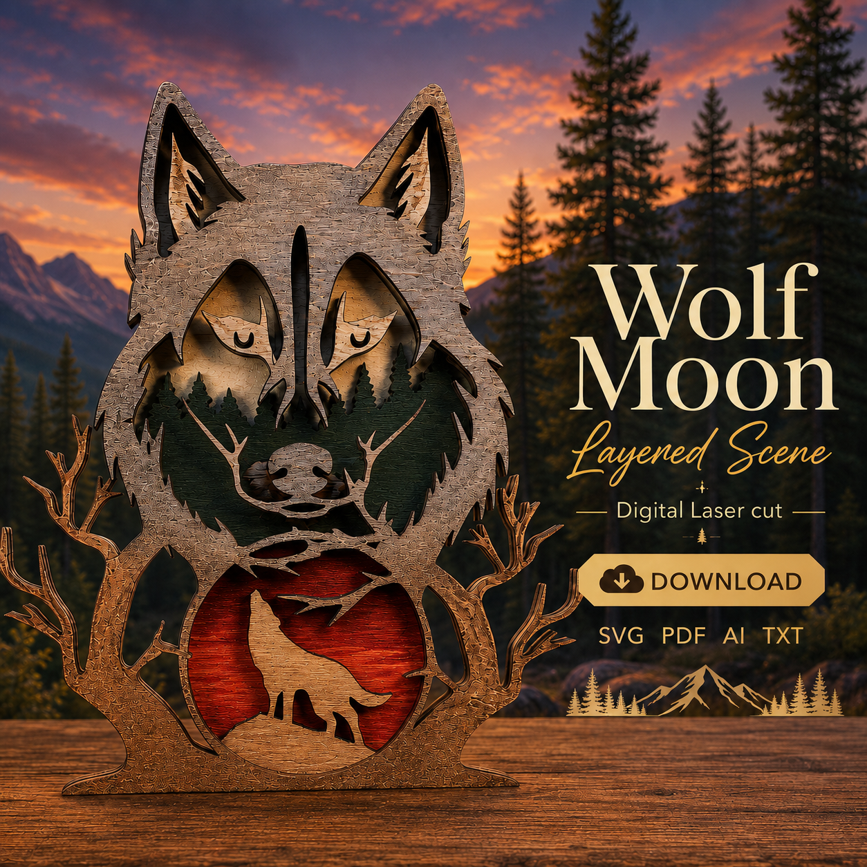 cf59649b-f952-4ffb-9aba-02209d022be9 Wolf SVG 3D Layered Mandala, Woodland Animal Cut File, Glowforge Laser Cut Multilayer - Image 1