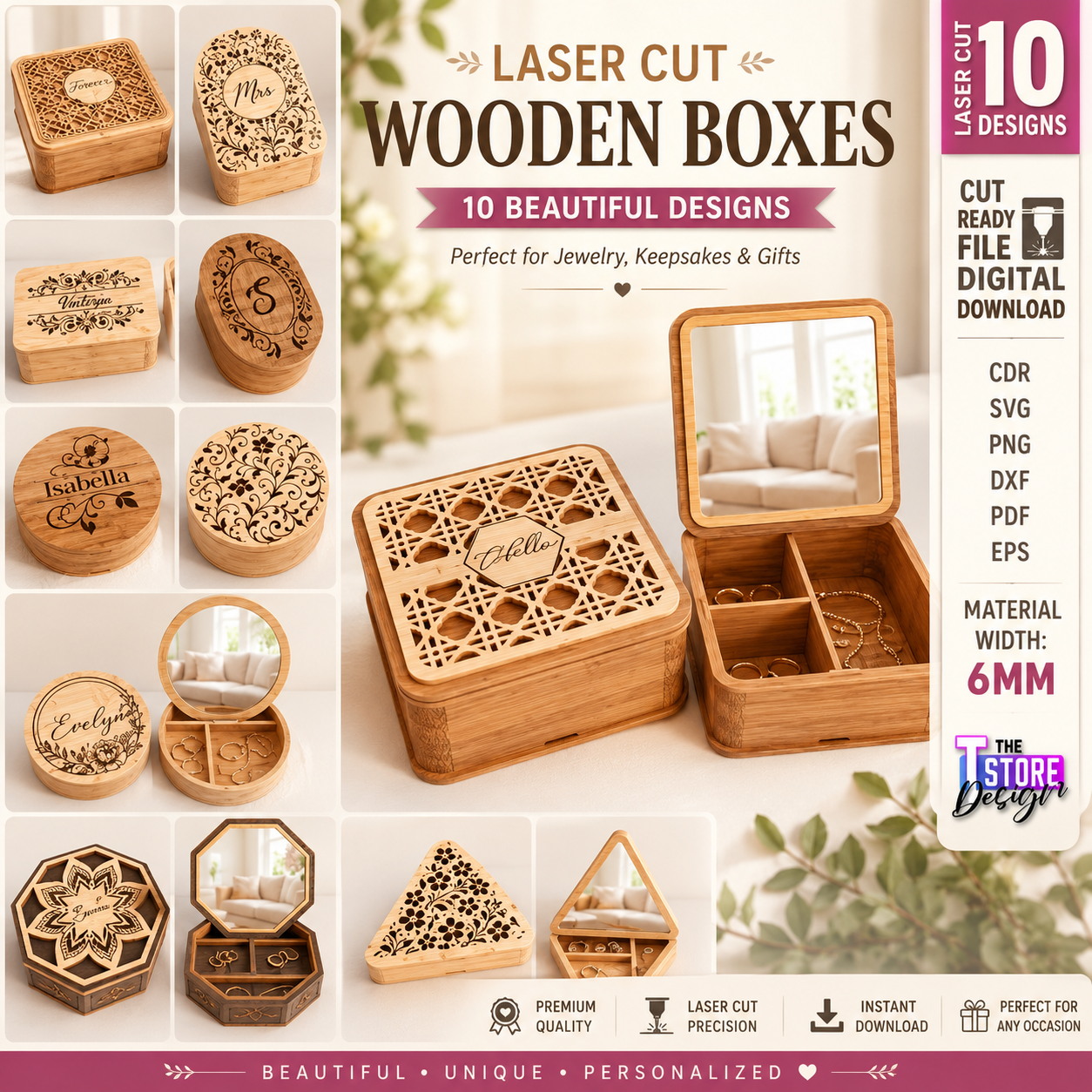 d0bb0d39-a0b7-49e0-bf70-6d6053a57c2b Jewelry Box with Mirror Laser Cut Bundle, SVG DXF Files, Glowforge Jewelry Box, Wooden Storage Box, Laser Cutting Template, CNC Plans - Image 1