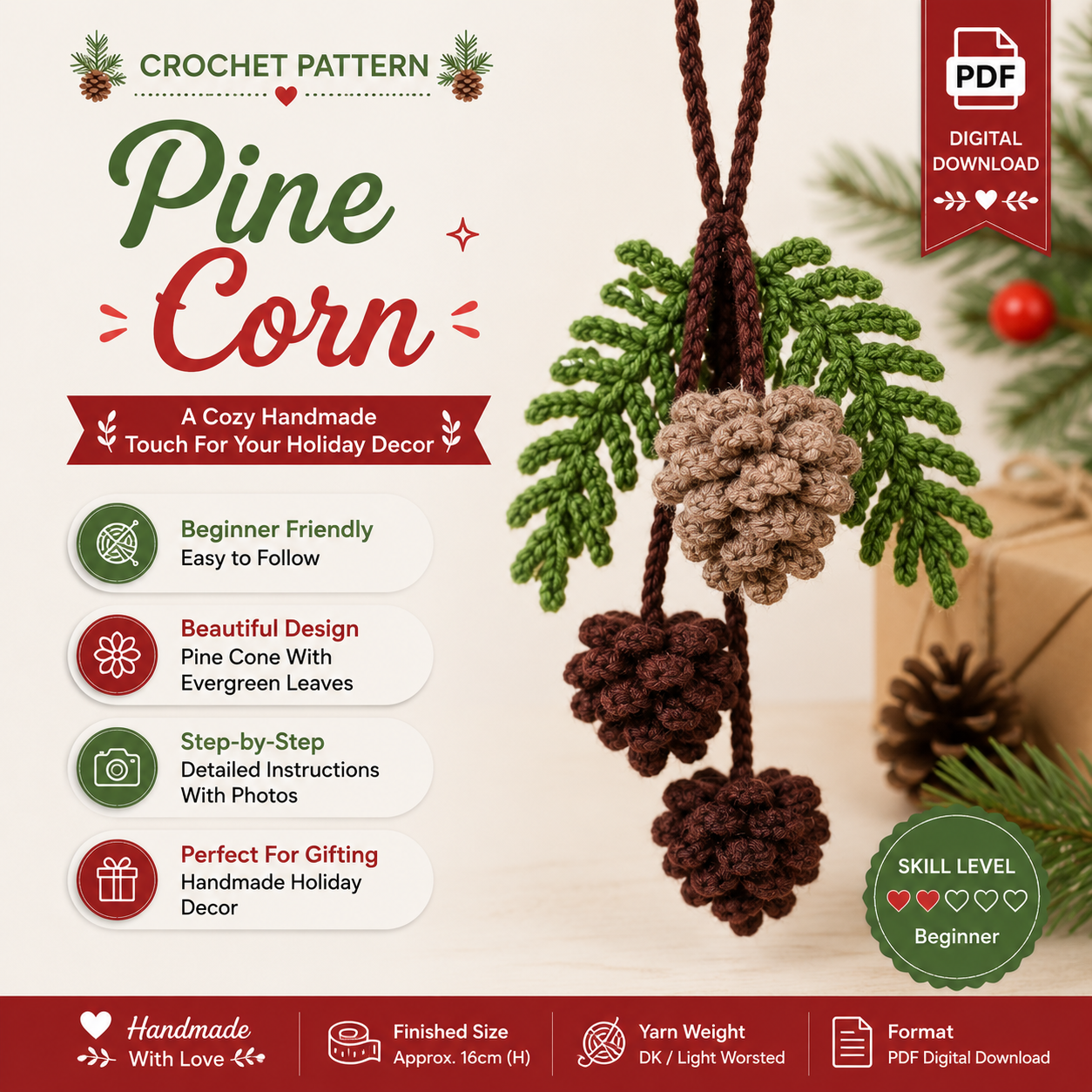 d1278c60-da6f-4f16-bb16-d3d1759134eb Pine Cone Crochet Pattern PDF, Rustic Car Charm, Rearview Mirror Hanging Ornament, Woodland Christmas Decor - Image 1