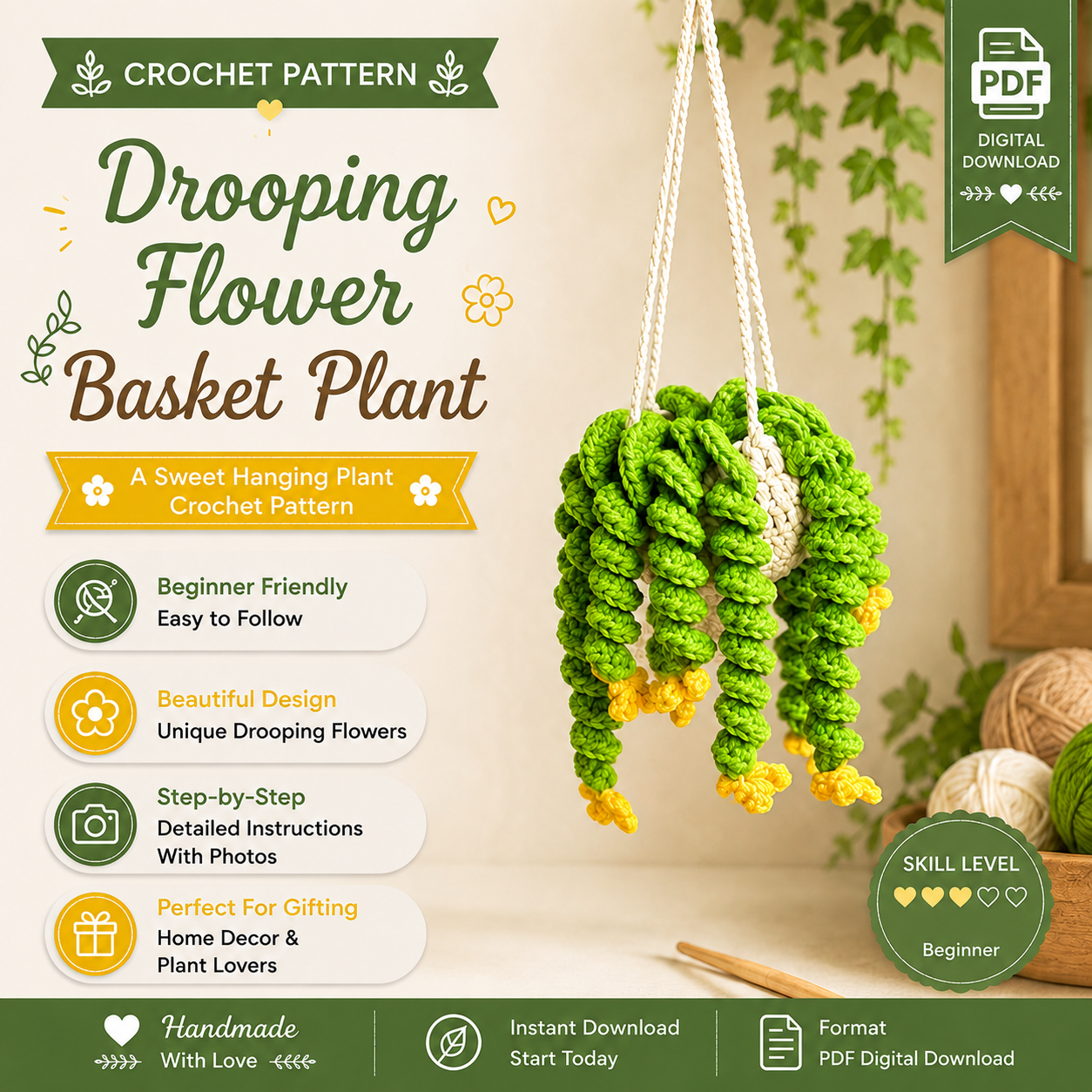 d40cd0b9-aef3-41ae-b2e4-e6127c9541a5 Car Hanging Plant Crochet Pattern PDF, Drooping Flower Basket Amigurumi, Rear View Mirror Decor Charm - Image 1