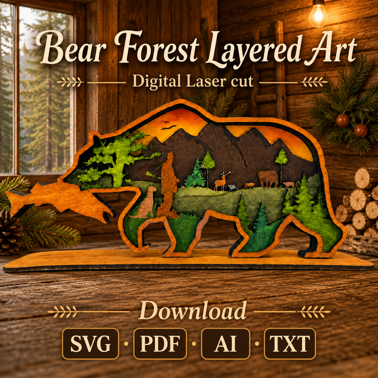 d707a41c-f33b-4e0a-919f-27152df64a58 Bear SVG 3D Layered Mandala, Glowforge Laser Cut 6 Layer - Image 1