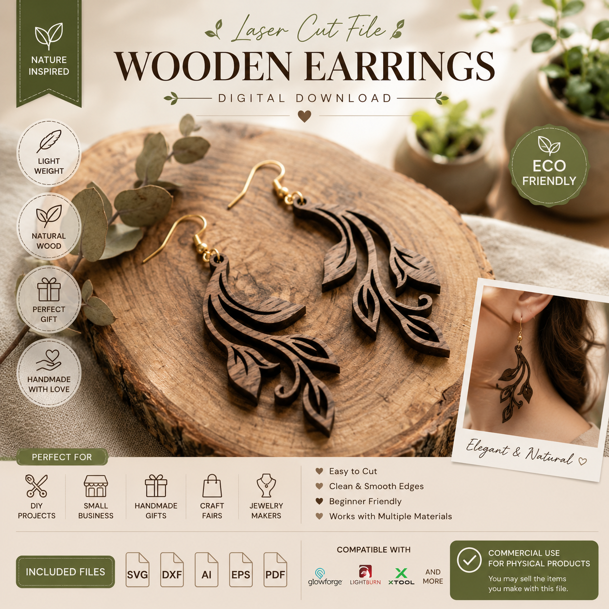 d9d4b197-a247-47e4-904c-9087e7005b9d Wooden Earrings SVG | Elegant Leaf Dangle Earrings | Laser Cut Jewelry Template | LightBurn File | Instant Download - Image 1