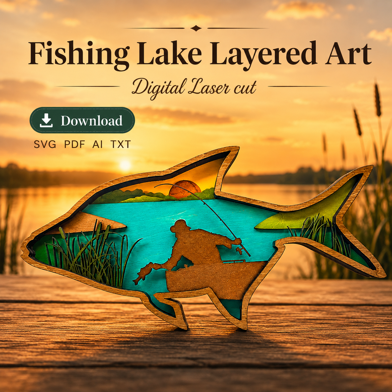 e46ece94-6a66-4cc3-8543-35d1db55fef4 Fisherman SVG, 3D Layered Fish, Fishing Scene File, Glowforge Cut File - Image 1