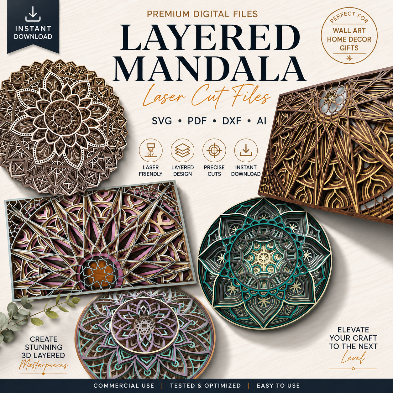 e592524f-8d11-42bc-affb-41b0b26c6c30 6x Mandala BEST SELLER Bundle 3D Multilayer Wooden Engraved Laser Cut File, Decoration Ornament Glowforge Make, Svg Dxf Ai Download File - Image 1