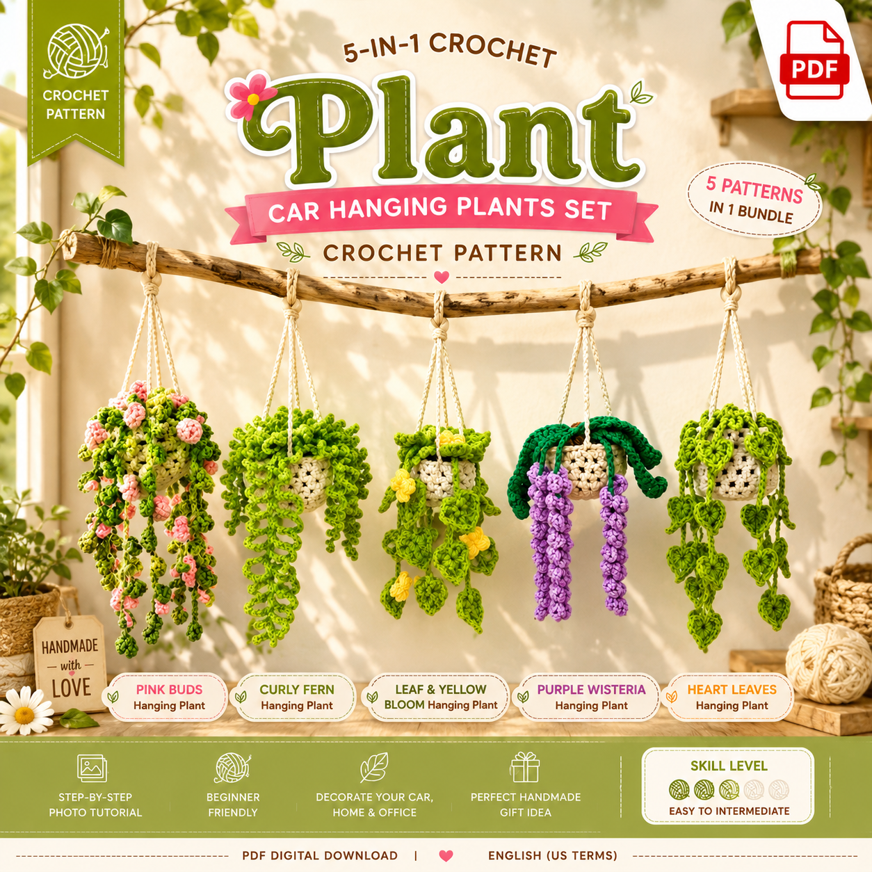 e768f885-b52c-4899-9956-9a54f3ac31e4 5-in-1 Car Hanging Plants Crochet Pattern Bundle PDF, Rear View Mirror Charm, Hanging Plant Amigurumi Set - Image 1