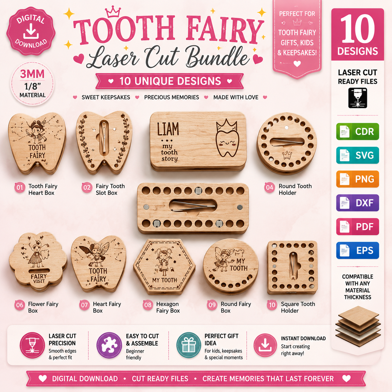 e9870582-d763-4f03-9cd6-b17c3674ac9c Baby Tooth Box Organizer Laser Cut Set, Tooth Fairy Keepsake Box SVG, Kids Memory Box CNC Template, DXF PDF EPS - Image 1