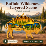 Bison SVG 3D Layered Mandala, Buffalo Mountain Cut File. Glowforge Laser Cut