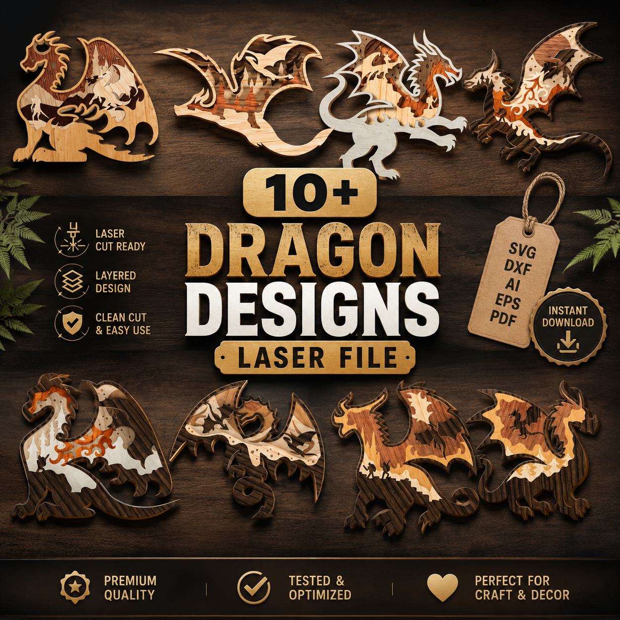 f116ee35-0e3d-4934-829a-582199282598 10+ Fire Dragon Bundle Multilayer 3D Wooden Engraved Laser Cut File, Decoration Ornament Glowforge Make, Svg Dxf Ai Pdf Instant Download - Image 1