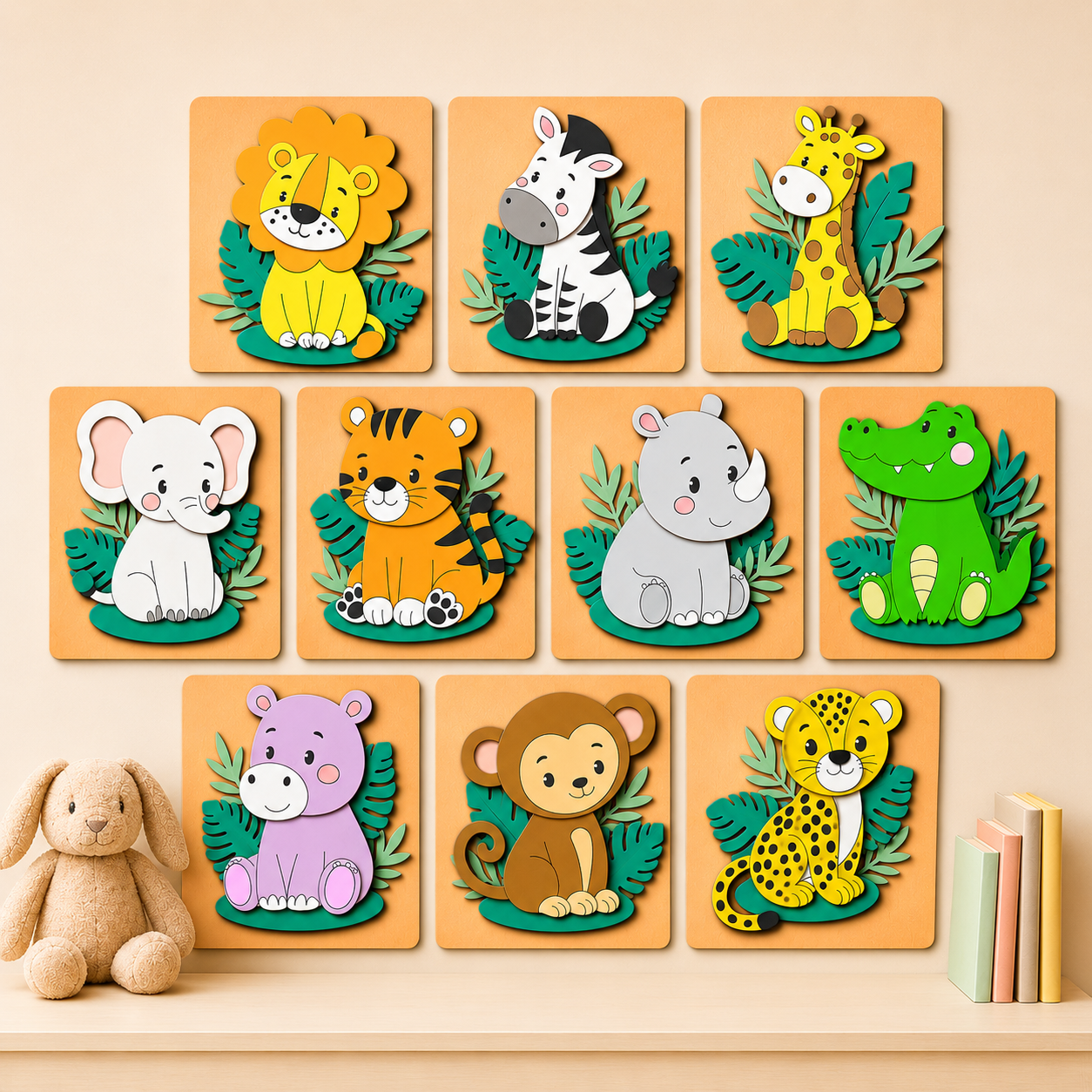 f4d06f6a-06ea-49d8-96e1-06e9c87715dc Safari Animal Wall Art Set, Jungle Nursery Decor, Wooden Animal Wall Hangings, Lion Zebra Giraffe Elephant Kids Room Decor - Image 1