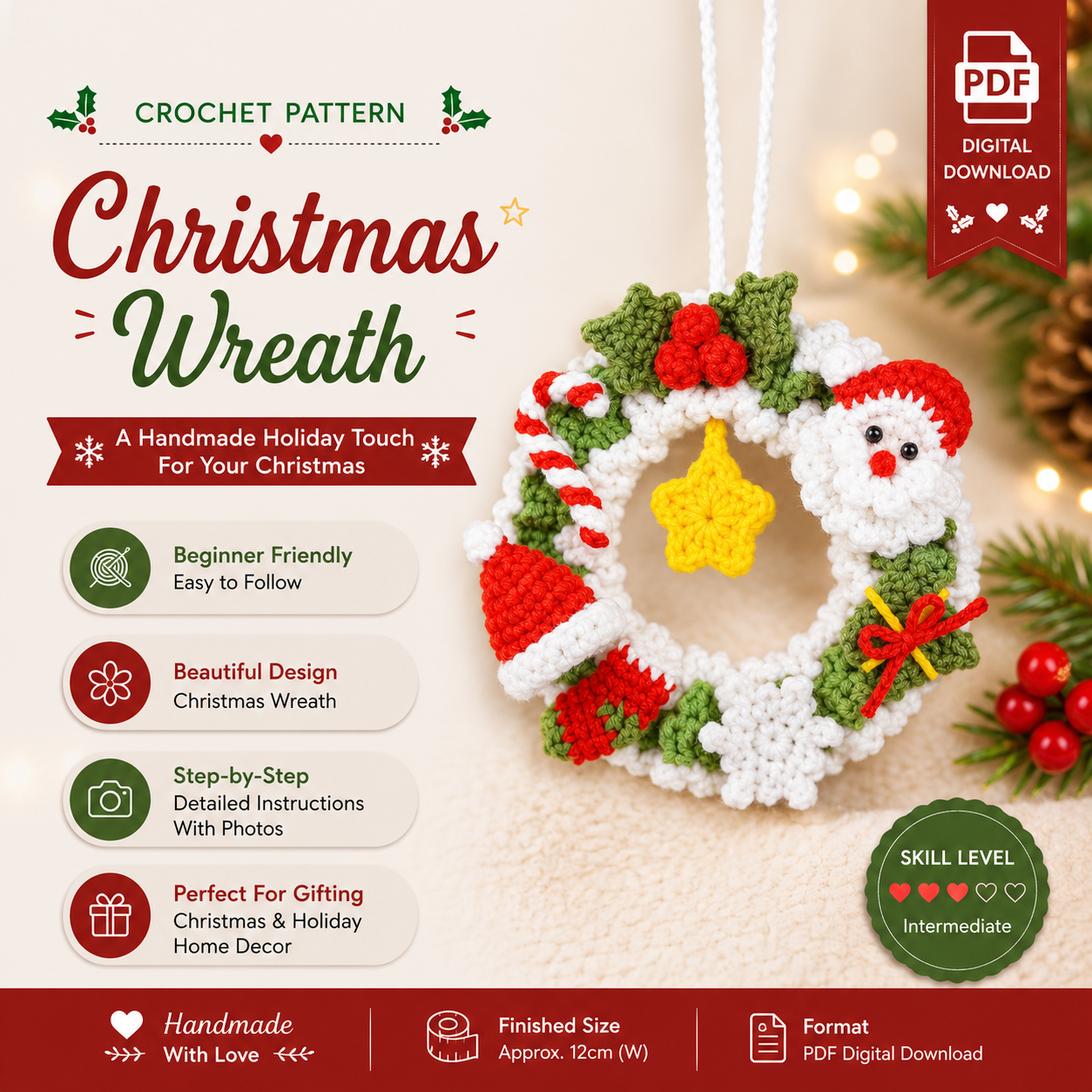 f5906f3a-eb32-43be-8699-ad28d01d9ca6 Christmas Wreath Crochet Pattern PDF, Holiday Ornament Amigurumi Tutorial, Xmas Decor Crochet Pattern, Festive Home Decor - Image 1