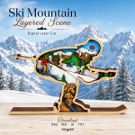 Skier SVG 3D Layered Mountain Silhouette, Alpine Sports Cut File, Laser Cut 8 Layer Skiing