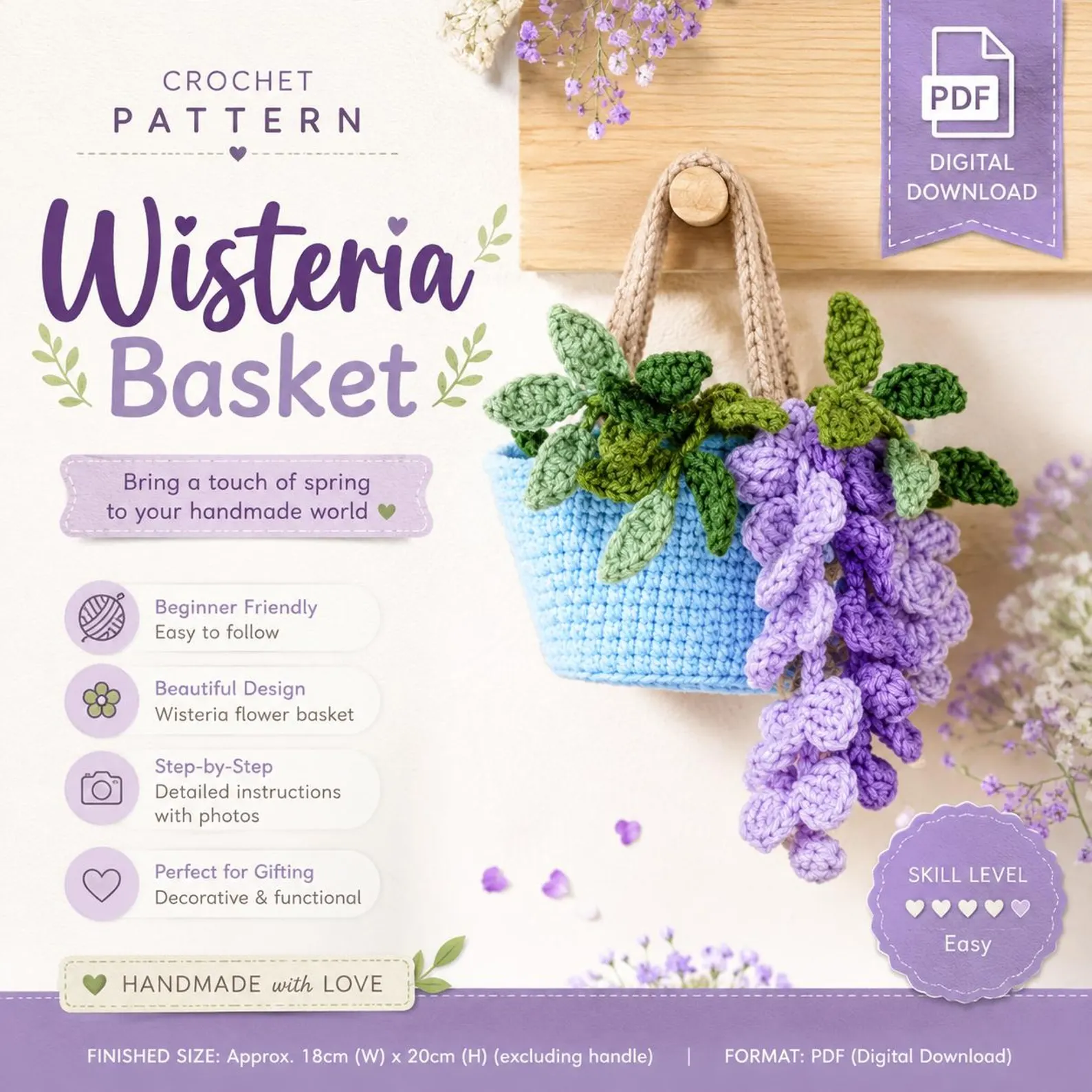 il_1588xN.8063146580_32qj Crochet Wisteria Basket Pattern, Hanging Flower Basket PDF, DIY Crochet Plant Decor Digital Download - Image 1