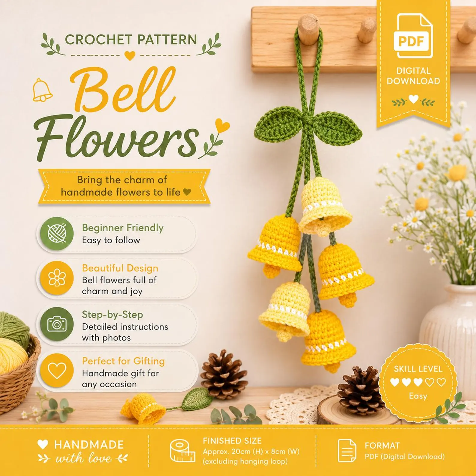 il_1588xN.8115133095_9ivh Bell Flowers Crochet Pattern PDF, Hanging Flower Crochet Pattern, Digital Download, Cottagecore Crochet Decor DIY Gift - Image 1
