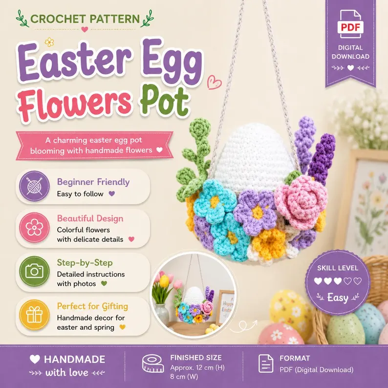 il_794xN.8110747810_nqze Car Hanging Crochet Pattern PDF, Easter Egg Flower Pot, Car Mirror Charm, Flower Basket Crochet Pattern, Spring Decor - Image 1