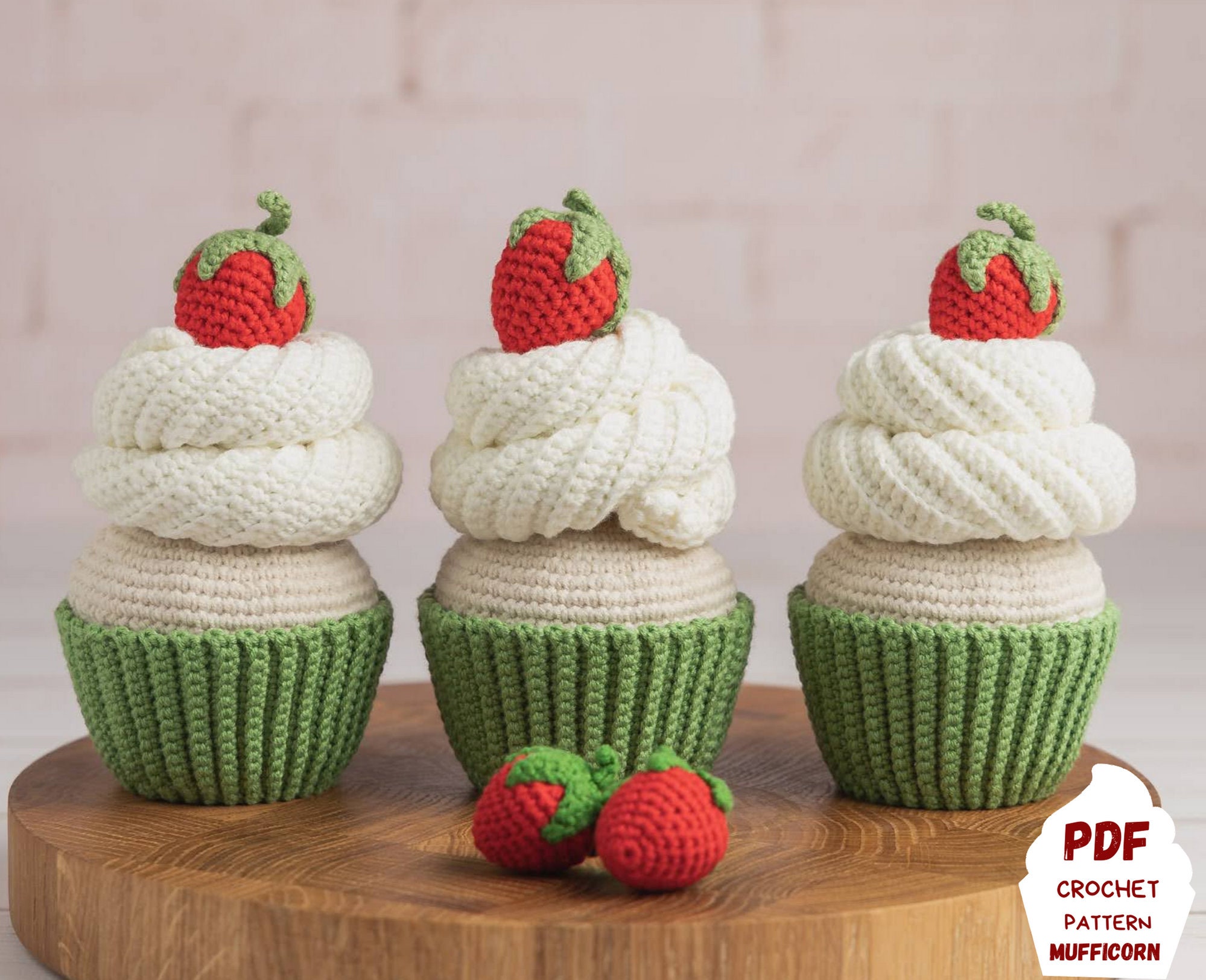 il_fullxfull.2992789454_717o.jpg Cupcake amigurumi pattern with crochet strawberry, Amigurumi food play set for kid's pretend play, Crochet cupcake pattern for housewarming - Image 1