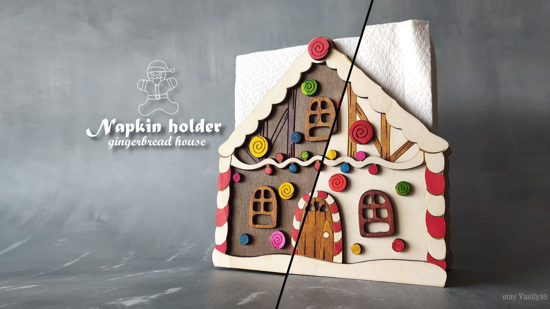 il_fullxfull.3388813136_xa9v.jpg Gingerbread House Napkin Holder Laser Cut Files: SVG, PDF, CDR (Digital Product) - Image 1