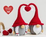 Crochet patterns gnomes with heart, Crochet gnome amigurumi pattern, Crochet valentine gnome patterns, Crochet gift for couple