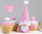 Crochet patterns gnome with heart and crochet cupcake pattern, Crochet valentine gnome pattern, Valentines day gnome crochet pattern