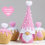 Crochet patterns gnome with heart and crochet cupcake pattern, Crochet valentine gnome pattern, Valentines day gnome crochet pattern