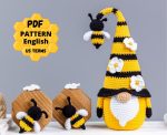 Crochet patterns Gnome with Bee, Crochet bee pattern, Gnome amigurumi pattern, Crochet gnome pattern with crochet flowers