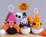 Halloween crochet keychain patterns bundle, Crochet pumpkin gnome, Crochet skull pattern, Crochet witch gnome, Crochet Halloween decor