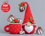 Crochet patterns Christmas gnome with mug and meringues, Christmas amigurumi pattern, Crochet winter gnome pattern, Holiday gnome pattern