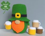 Crochet patterns St Patricks day gnome with beer, Leprechaun crochet gnome amigurumi pattern, Fathers day lucky crochet decor pattern