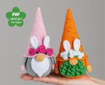 Crochet patterns Easter bunny gnomes with crochet flowers, Easter crochet carrot gnome amigurumi pattern, Crochet Easter gnomes patterns