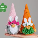 Crochet patterns Easter bunny gnomes with crochet flowers, Easter crochet carrot gnome amigurumi pattern, Crochet Easter gnomes patterns