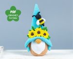 Crochet patterns Gnome with Bee and crochet flowers, Crochet bee pattern, Gnome amigurumi pattern, Crochet gnome pattern, Easter decorations