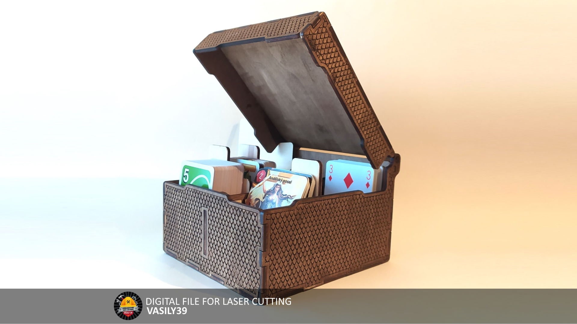 il_fullxfull.4795998147_3n8q.jpg Laser Cut Card Storage Box: Dragon Scale Engraving (SVG, PDF, CDR) - Image 1
