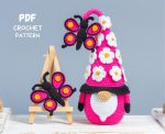 Crochet patterns Gnome with Butterfly, Crochet butterfly pattern, Gnome amigurumi pattern, Crochet gnome pattern with crochet flowers