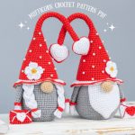 Crochet patterns Mufficorn gnomes with crochet heart and flowers, Crochet gnome amigurumi pattern, Crochet valentine gnome patterns