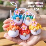 Crochet patterns gnome amigurumi keychain with crochet flower, Crochet car hanger amigurumi pattern, Easy crochet pattern, Crochet ornament