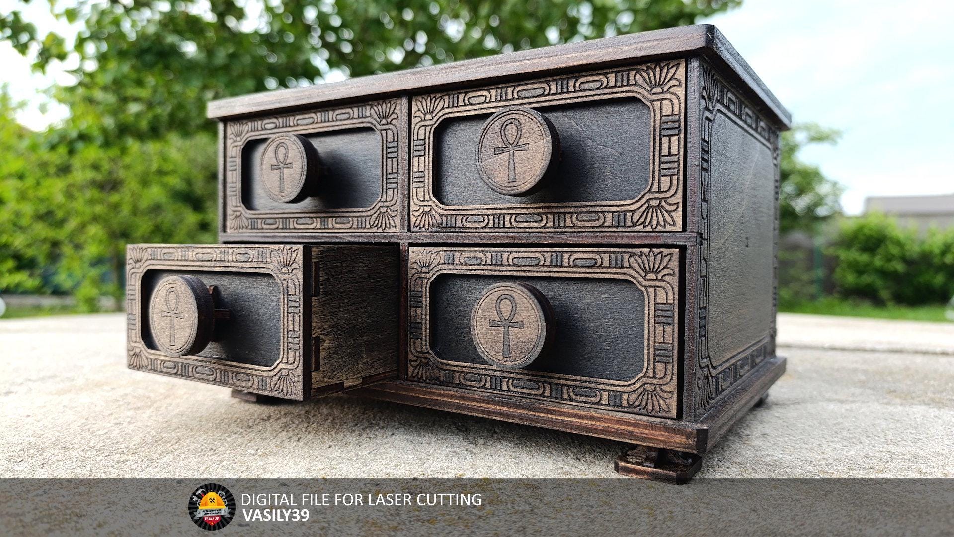 il_fullxfull.6917728350_jv3b.jpg Egyptian Style Laser Cut Box – Miniature Chest of Drawers (Digital Download) - Image 1