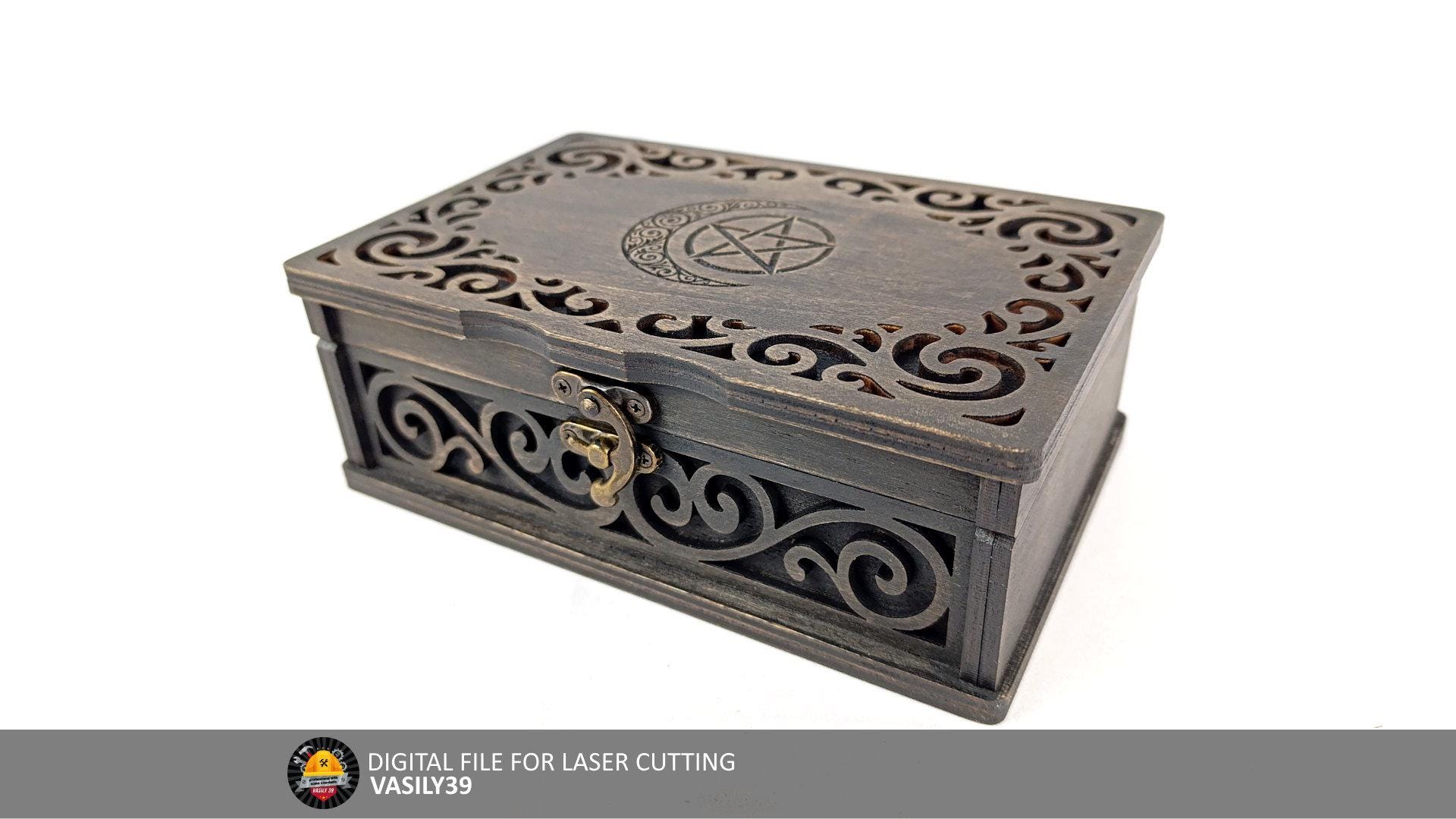 il_fullxfull.7807552716_fwdo.jpg Witchy Tarot Card Box Laser Cut, Pentagram Moon Celtic Jewelry Box (Digital) - Image 1