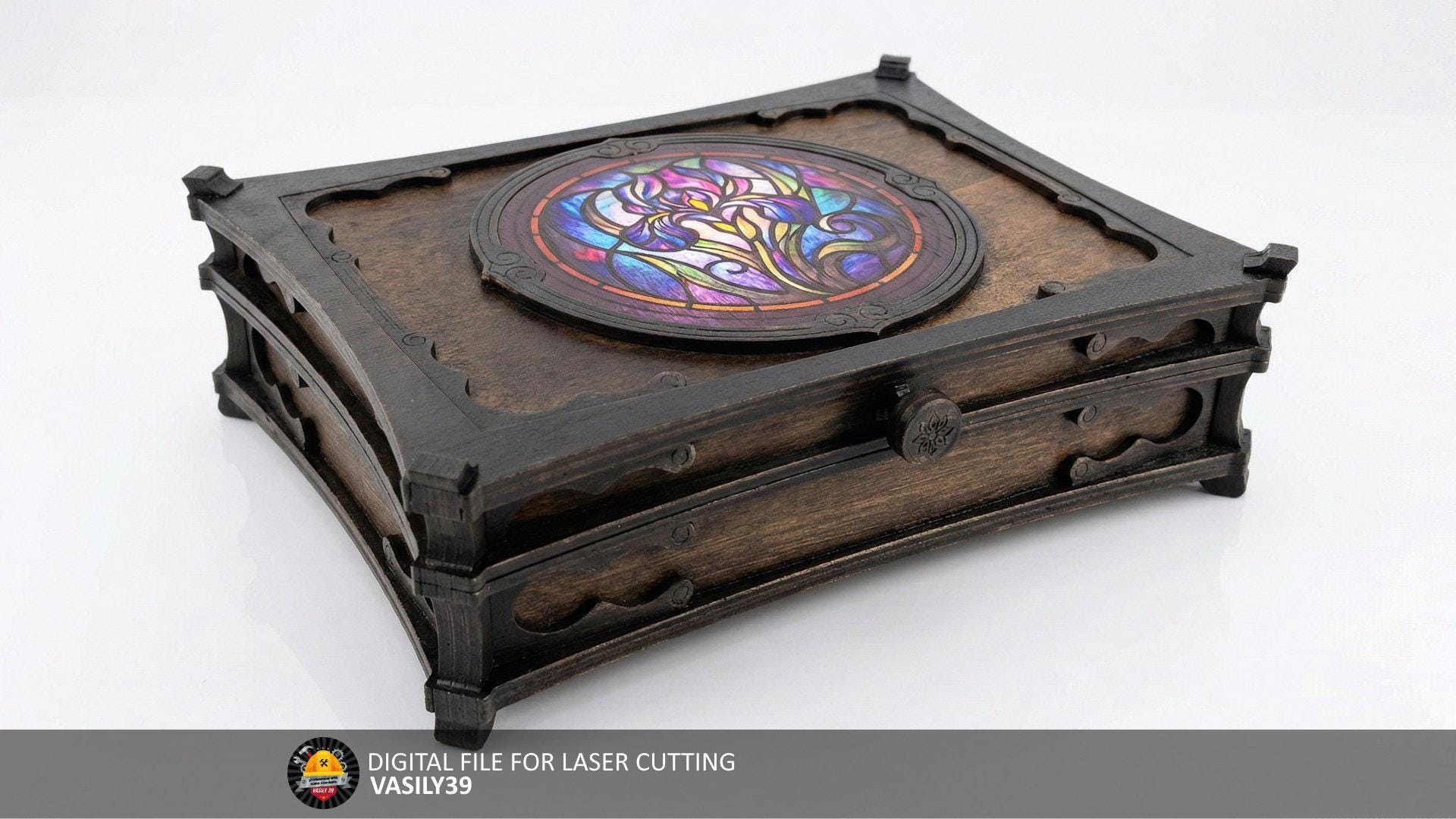 il_fullxfull.7811275009_fq9i.jpg Laser Cut Wooden Box Plan, Stained Glass Iris Jewelry Box (Digital File) - Image 1