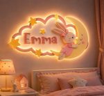 Personalized Baby Name LED Wall Light – Bunny Moon Nursery Decor, Laser Cut Kids Room Lamp Digital Download